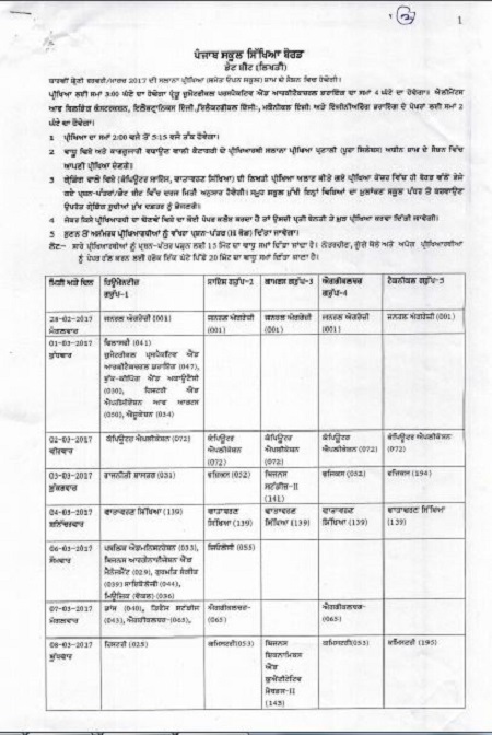 Punjab Class 12 Time Table 2017