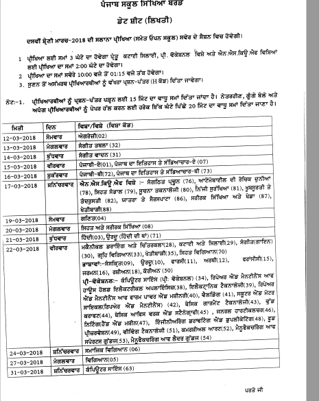 Punjab Board 10th Time Table 2018